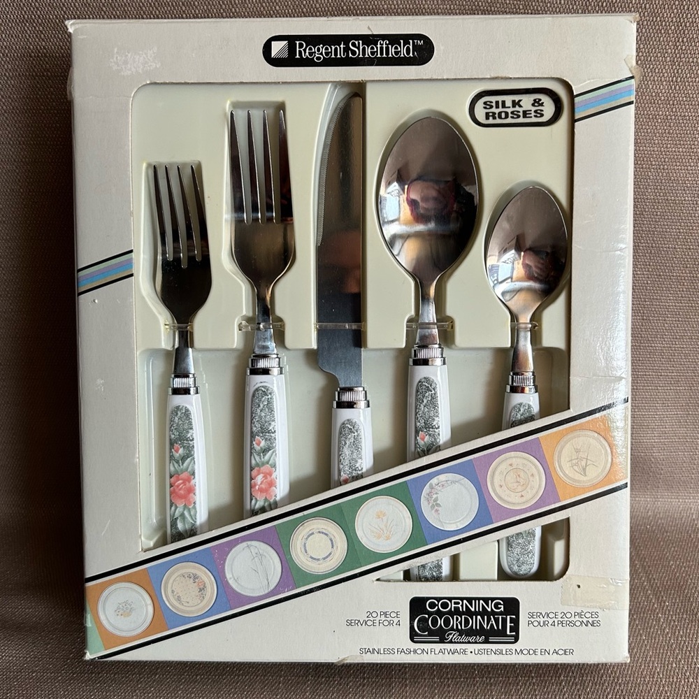 Vintage NOS Corning Coordinate Flatware 20pc - Silk & Roses NIB box #2